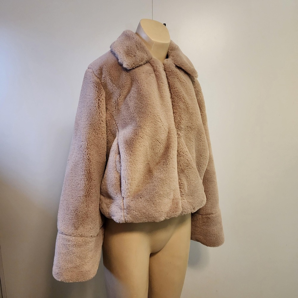 Forever 21 Faux Fur Cropped Coat Pink Tan Wide Sleeve Womens Small